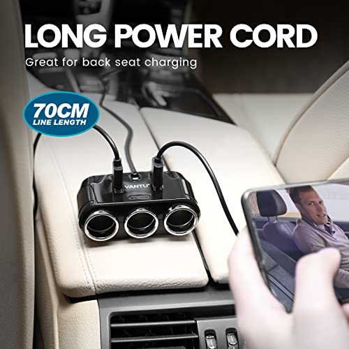 YANTU Cigarette Lighter Adapter & Splitter with 150W 3-Sockets & LED Ambient Lighting, Dual USB Fast Charging Car Outlet 12V, Car Cigarette Lighter Socket Plug Extension for Vehicles - color: BLACK