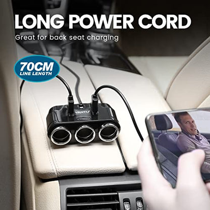 YANTU Cigarette Lighter Adapter & Splitter with 150W 3-Sockets & LED Ambient Lighting, Dual USB Fast Charging Car Outlet 12V, Car Cigarette Lighter Socket Plug Extension for Vehicles - color: BLACK