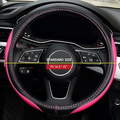 LABBYWAY Microfiber Leather Auto Car Steering Wheel Cover, Universal Fit 15 Inch Anti-Slip Wheel Protector, Pink - color: Fiber Pink