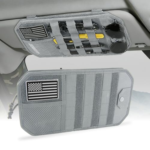 Car Sun Visor Organizer, Semi-Rigid Molle Panel Tactical Car Accessories with Zipper Storage Pouch, Sunglass Holder for Car Visor Organizer, Universal Fit for Trucks, SUVs, Jeeps & Police Gear, Grey - color: Grey