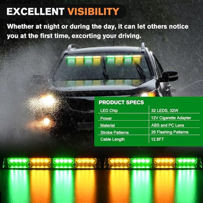 Nilight 32LED Amber Green Emergency Dash Strobe Lights with Controller Suction Cups Warning Hazard Interior Front/Rear Windshield Deck Split Light Bar for Truck Construction Vehicle - color: Amber and Green