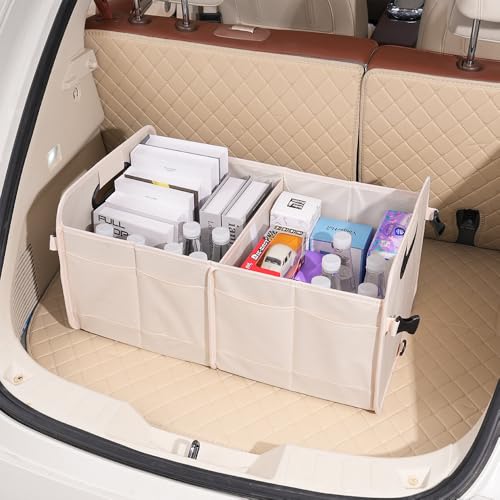 Car trunk storage box Foldable sedan SUV Universal outing travel good goods Multi compartment partition with handle (beige) - color: beige