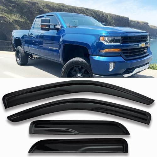 Tape On Side Window Rain Guards Window Visors Vent Deflectors for 2014-2018 Chevrolet Silverado & GMC Sierra 1500, 2015-2018 Silverado/Sierra 2500HD 3500HD Double & Extended Cab,Sun Shades - size: For 2014-2018 Silverado/Sierra Extended Cab