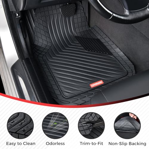 Coverado Heavy-Duty PVC Car Floor Mats Full Set – Black Metallic Heel Pad, All-Weather Protection for Front & Rear, Non-Slip Backing, Easy-to-Clean Liners, 4 Pcs - color: 4-Black
