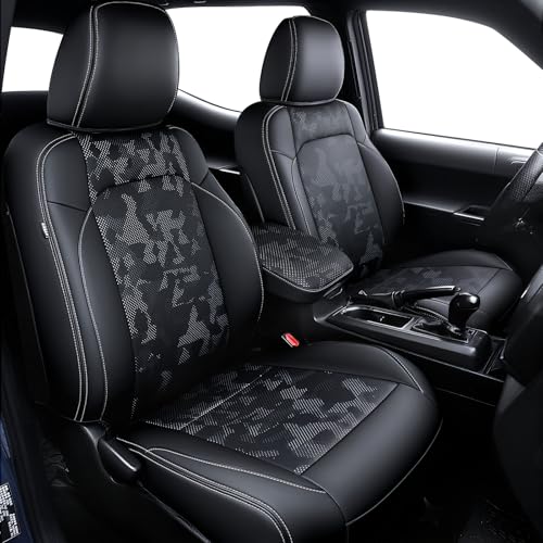 Leather Seat Covers Custom Fit for Tacoma Gen 3rd Double & Crew Cab (2016-2023) - Fully Covered - Fit Like a Glove - Center Console Armrest Covers Included - CamoBlack-White Stitching - color: ( CamoBlack-White Stitching ) & Full Set, size: For Tacoma Gen