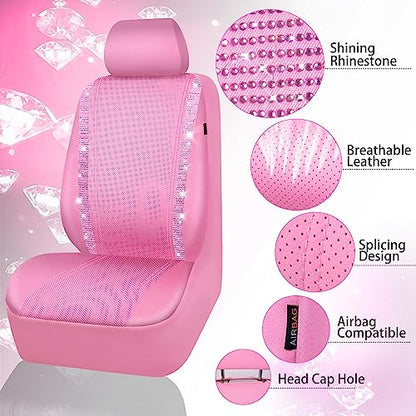 CAR PASS Bling Diamond Car Seat Covers Full Set, Shining Rhinestone Waterproof Faux Leather, Rear with Zipper, Universal Fit Automotive Glitter Crystal Sparkle Strips for Cute Women Girl, Pink - color: Pink Leather, size: Full Set