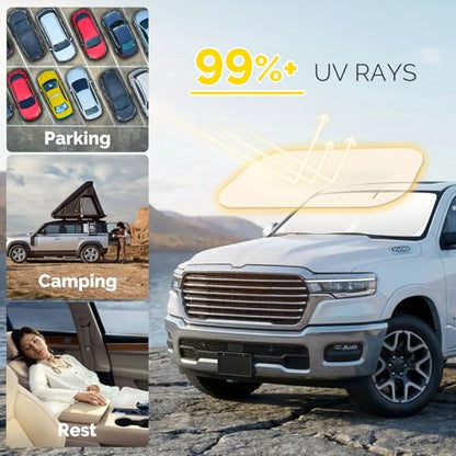 Car Sun Shade for 2019-2024 2025 2026 Dodge Ram 1500 Windshield Sun Shade, Sun Visor Windshield Screen Cover for Ram Front Window Sunshade Foldable Auto Interior Accessories UV Block to Keep Cool - size: For 2019-2026 Dodge Ram 1500