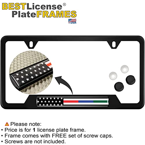 Black Stainless Steel CAR 2-Hole Standard Size - License Plate Frame with First Responders - Law Enforcement, Military and Fire Thin Line USA Flag Design and Free caps - (Qty:1 Frame) - size: Police, Military and Fire