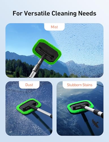 AstroAI Windshield Cleaner Tool, Microfiber Car Window Cleaner with 4 Reusable and Washable Microfiber Pads and Extendable Handle Auto Inside Glass Wiper Kit, Green - color: Green