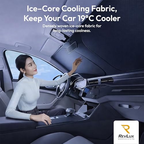 RevLux Car Windshield Sun Shade SUV & Sedan – UPF 2000+ Sun Protection & 99.95% UV Blocking Ice-Core Cooling Fabric | Zero Light Leakage Black Glue Layer | Heat Insulation Car Sun Shade (51"x31") - size: Small – Compact Cars (51"x31")