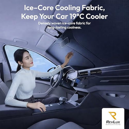 RevLux Car Windshield Sun Shade SUV & Sedan – UPF 2000+ Sun Protection & 99.95% UV Blocking Ice-Core Cooling Fabric | Zero Light Leakage Black Glue Layer | Heat Insulation Car Sun Shade (55"x31") - size: Medium – Sedan Fit (55"x31")