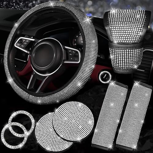 NBTEPEM 8 pcs Bling Car Accessories Set for Women, Steering Wheel Cover, Sparkly Seat Belt Covers, Bling Gear Shift Cover, Universal Fit Most Cars (Silver Diamond) - color: Silver Diamond, size: Steering Wheel Cover Set