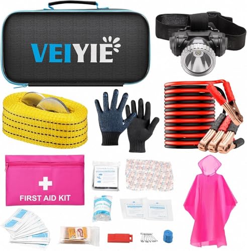 Car Roadside Emergency Kit with Jumper Cables, Car First Aid Kit Emergency Kit for Vehicles, Car Safety Roadside Assistance Kit Headlamp, Tow Straps, Gloves, Essential Car Accessories for Men, Women - color: Pink, size: Essential Kit