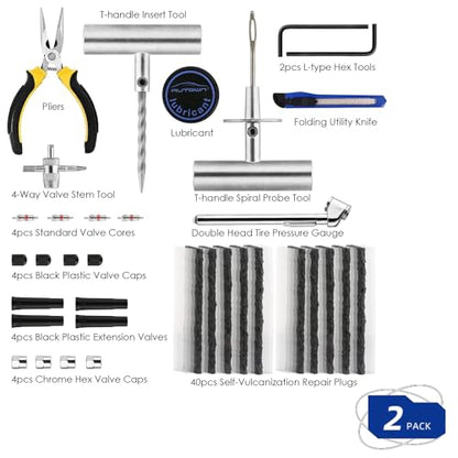AUTOWN Flat Tire Repair Kit with Plug 68 Pcs for Car, Motorcycle, ATV, Jeep, Truck, Tractor Flat Tire Repair (2-Pack) (Set of 2-68pcs) - size: Set of 2-68pcs