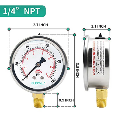 2-1/2” Glycerin Filled Pressure Gauge, 0-100Psi, 1/4”NPT Lower Mount, Stainless Steel Case, Brass Internals, Water Pressure Gauge - size: 0-100 Psi