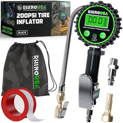 Rhino USA Digital Tire Pressure Gauge with Inflator (0-200 PSI) - Heavy Duty Air Chuck and Compressor Accessories with Stainless Braided Hose, Large 2" Dial and Solid Brass Hardware for Truck and RV - style: 200psi Digital