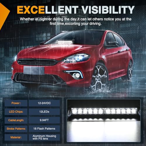 Nilight 12LED Traffic Advisor Strobe Light Bar White Emergency Warning Hazard Safety Dash Front/Rear Windshield Flashing Lights for Cars Trucks Police Firefighter Plow Construction Vehicles - color: White