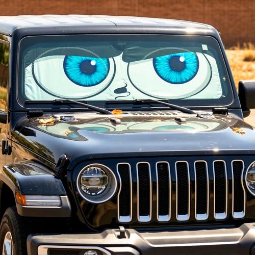 63"x28.5" Car Windshield Sun Shade with Storage Pouch, Stylish Printed Front Window Sunshade with Double Ring Frame, Universal Fit Foldable Heat Blocker & UV Protector for SUV, Sedan (Eyes) - color: Eyes