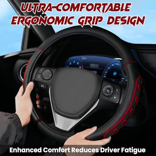 Ventilated Heart-Shaped Steering Wheel Cover with Anti-Slip Leather Grip. Compatible with Ford, Toyota, Honda, Nissan, and Chevrolet Vehicles for 14.5-15.2 inch Round Steering Wheels. - color: Love Red