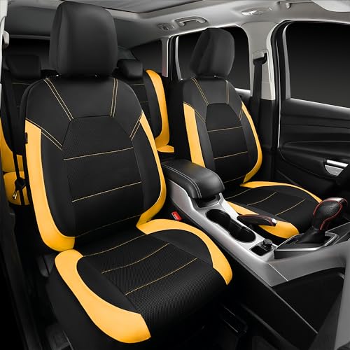 CAR PASS Leather Seat Covers, Breathable Universal Car Seat Cover Full Set for Cute Women Girly,5mm Composite Sponge Inside,Airbag Compatible Fits Most Auto,SUVs,Trucks,Vans(Full Set,Black&Yellow) - color: Black Yellow, size: Full Set