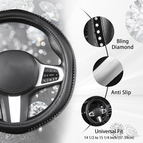 AUTOYOUTH Bling Steering Wheel Cover - Crystal Studded Rhinestone Non-Slip Breathable Design for Women/Girls, Universal Fit 14.5-15 Inch Black - color: BLACK