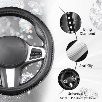 AUTOYOUTH Bling Steering Wheel Cover - Crystal Studded Rhinestone Non-Slip Breathable Design for Women/Girls, Universal Fit 14.5-15 Inch Black - color: BLACK
