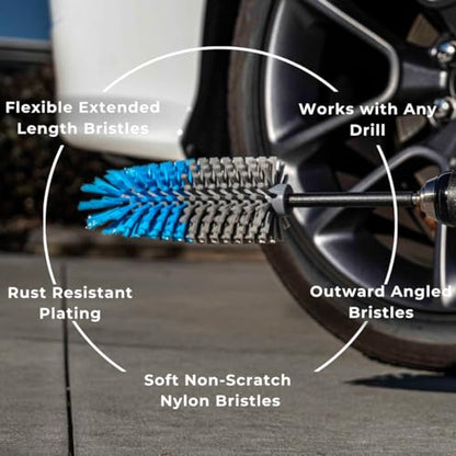 Long Reach Drill Brush Attachment, All Purpose for Car Tires, Wheels, Wheel Wells, Engine Bays, Exhaust Pipes, Running Boards, Hard to Reach Areas, with Heavy Duty Non-Scratch Nylon Bristles - color: Blue/Gray, size: Long Reach - 2 Piece Set