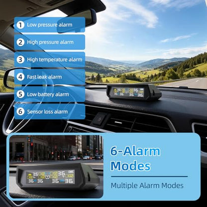 Tire Pressure Monitoring System TPMS, Solar Charge Tire Pressure Monitor with 4 External Sensors & 6 Alarm Modes, 0-99 PSI, Real-time Wireless TPMS for Car Sedan SUV Pickup - with 4 Tire Valve Caps
