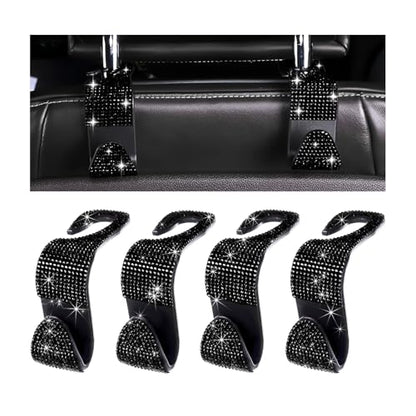 4 PCS Car Seat Headrest Hooks, Bling Rhinestone Purse Hook Vehicle Back Seat Hanger, Sparkling Crystal Headrest Hangers Storage Organizer for Grocery Bag Handbag Coats (Black)