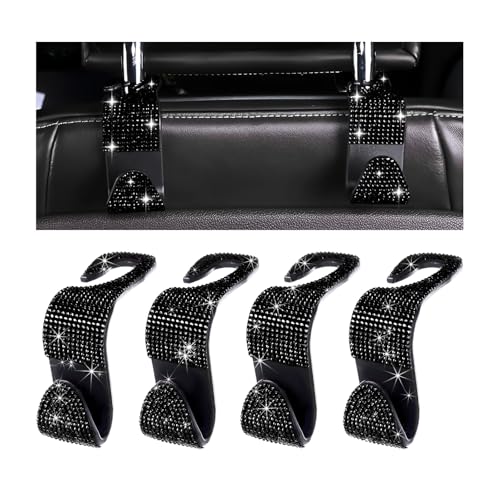 4 PCS Car Seat Headrest Hooks, Bling Rhinestone Purse Hook Vehicle Back Seat Hanger, Sparkling Crystal Headrest Hangers Storage Organizer for Grocery Bag Handbag Coats (Black)