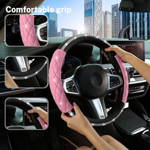 Steering Wheel Cover，with Diamond Crystal Rhinestone,Delicate and Anti-Slip Bling Steering Wheel Cover ，Adaptable to 14.5-15 inches Car Wheel Protector for Women Girl ，Black & Pink - color: Black+Pink