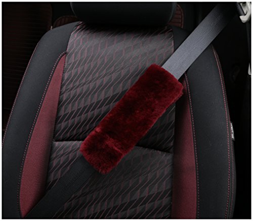 U&M 2 Pack Genuine Sheepskin Auto Seat Belt Cover for Adult Youth Kid Toddlers -Soft Warm Car, Truck, SUV, Camera Backpack Strap Shoulder Pad Wool Fluffy - color: Wine red