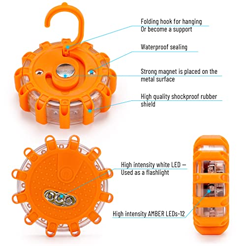 HEIGPAN GP903 LED Road Flares Safety Flashing Warning Lights, Magnetic Base Hook Carrying Bag 9 Flash Modes, for Car Truck Boat 3Pack(Batteries not Included) Orange - color: Battery-3pack