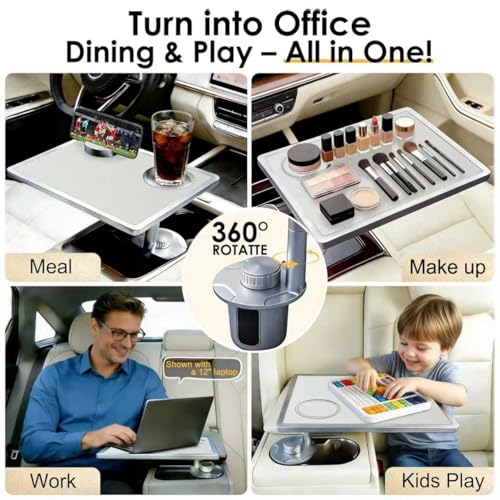 Car Food Tray & Car Table Tray with Car-Grade Aluminum Cup Holder & Phone Stand,360° Rotating Car Desk for Laptop & Eating, Compatible with Tesla Model Y/3/S, Best Fit Round Cup Holder (2.28" - 3.66") - color: 𝗦𝗾𝘂𝗮𝗿𝗲 · White