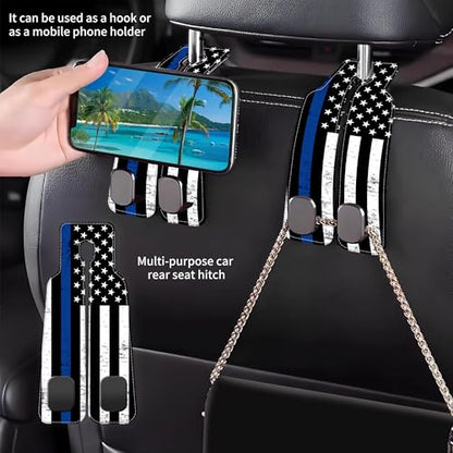 Car Headrest Purse Hanger Grunge Blue and Black American Flag 1 Pack Bag Purse Holder for Car Premium Leather Double Metal Hook for Handbags, Grocery Bags and Phones - color: Grunge Blue and Black American Flag