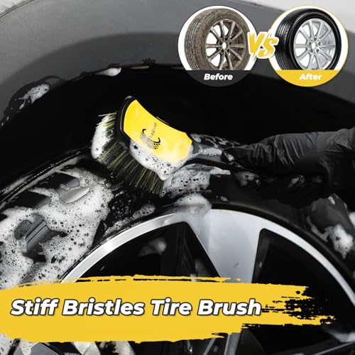 Wheel and Tire Brush Detailing Kit, Soft Rim Brush & Stiff Tire Brush with Silicone Bumper Guard, Non-Slip Ergonomic Handle Car Wash Set for Alloy Wheels, Fenders, Mats - color: black yellow