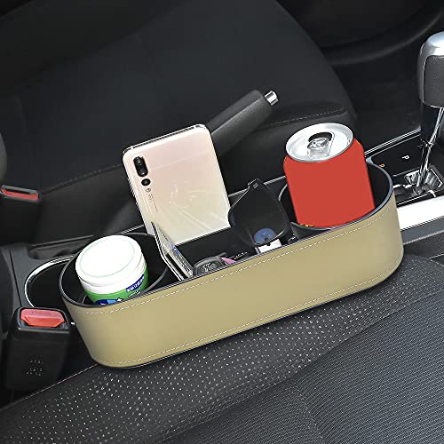 IOKONE Car Cup Holder, Auto Front Seat Organizer, Multifunctional Cup Drink Holders with PU Leather Cover, Gap Filler Storage Box Coin Bucket Console Side Pocket Cell Mobile Phone Holder(Slim-Beige) - color: Slim-Beige