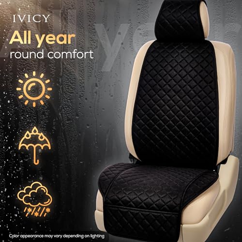 IVICY Faux Linen Front Car Seat Cover – Durable, Non-Slip Seat Protector for Cars – 1 Unit, Black - color: BLACK HYB LN