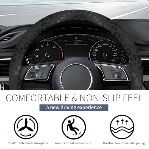 Steering Wheel Covers for Car, Truck, and SUV, Cute Non-Slip Breathable Elastic Steering Wheel, Car Accessories, Universal 15 Inch Leather Cover for Men Women Black Leopard Print - color: Black Leopard Print