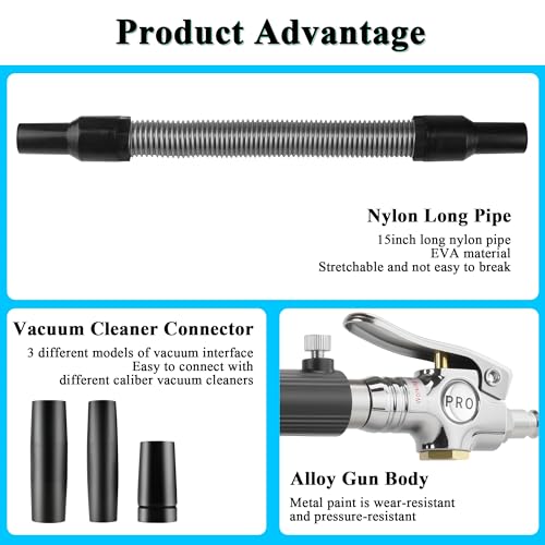 GOCCIDA 2IN1 Car Interior Detailing Air Blow Gun & vacunm Gun with Adjustable Air Flow Nozzle,Cleaning Gun Quickly Blasts Dirt and Dust from Surface Works with Air Compressor(Upgrade Rotate Tube) - color: silver