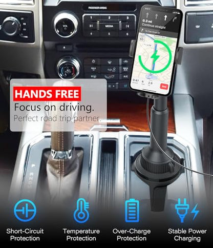APPS2Car 15W Qi Wireless Car Charger Solid Cup Holder Mount, Adjustable Long Arm & 360° Rotation, Fits 3"–4" Round Cup Holders, Works with Cases ≤ 4 mm (No Metal Attachments) - color: Upgraded Wireless Charger