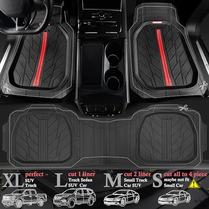 CAR PASS Tire Tread DeepDish Rubber Floor Mats for car Heavy Duty car mats All Weather, Universal XL~M Trim to Fit for Truck SUV Vehicle Automotive, Waterproof car mats 3 Piece (red Black) - color: Red Black