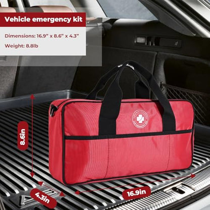 All-in-One Car Emergency Kit with Digital Tire Inflator, Jumper Cable, Tow Strap, Reflective Triangle, First Aid Kit, Hand Crank Flashlight, and Repair Tools for Roadside Safety (Red) - color: Red