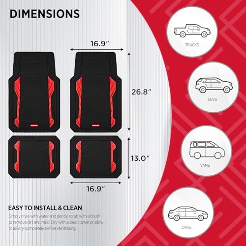 Rubbermaid Car Floor Mat, Heavy Duty All-Weather Car Mats Full Set with Dual-Tone Red Aluminum Inserts – Universal Fit, Anti-Slip Backing, Trim-to-Fit for Most SUV, Sedan, Van - color: Red