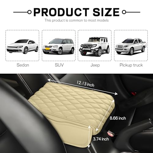 wuyaoyao Car Center Console Cover, 12.13"×8.66"×3.74" Leather Car Armrest Cover with with 2 Side Pockets, Memory Foam Soft Auto Armrest Cushion Pad, Universal Vehicle Arm Rest Protector (Beige) - color: Beige