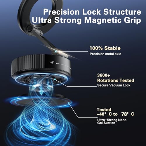Vacuum Suction Magnetic Car Phone Holder for MagSafe, 360° Adjustable Suction Cup Phone Mount for Car, Cell Phone Holders for Your Car/Gym/Mirror for iPhone & Android (Carbon Fiber)