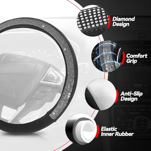 Auto Dynasty Diamond Steering Wheel Cover, Microfiber Leather Car Steering Wheel Protector with Glitter Crystal Sparkling Rhinestones, Anti-Slip, [14 1/2 to 15 Inches] Universal Fit Cars Trucks SUVs - color: C-shape Diamond