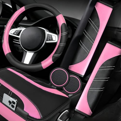 NBTEPEM 6 Pcs Pink Car Accessories Set, Sport Leather Steering Wheel Cover 14.5-15inch Universal, Microfiber Leather Car Center Console Cover, Seat Belt Cushion, Cup Holder Coaster (Black-Pink) - color: Pink, size: Steering Wheel Cover Set