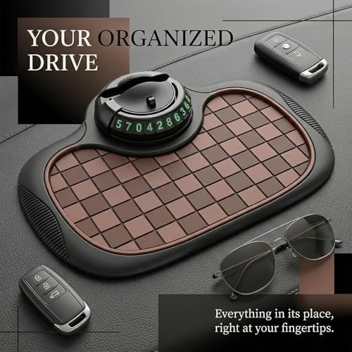 Multifunction Car Anti-Slip Mat,Car Anti Slip Mat Phone Holder For Dashboard,Multifunctional Car Dashboard Phone Holder,With Temporary Parking Numbe For Phone Sunglasses Keys Brown and black square