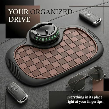 Multifunction Car Anti-Slip Mat,Car Anti Slip Mat Phone Holder For Dashboard,Multifunctional Car Dashboard Phone Holder,With Temporary Parking Numbe For Phone Sunglasses Keys Brown and black square